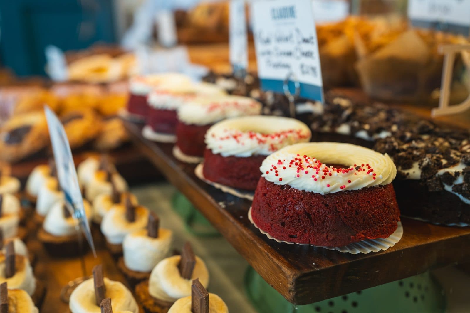 Bakery pastries and cupcakes in a display case