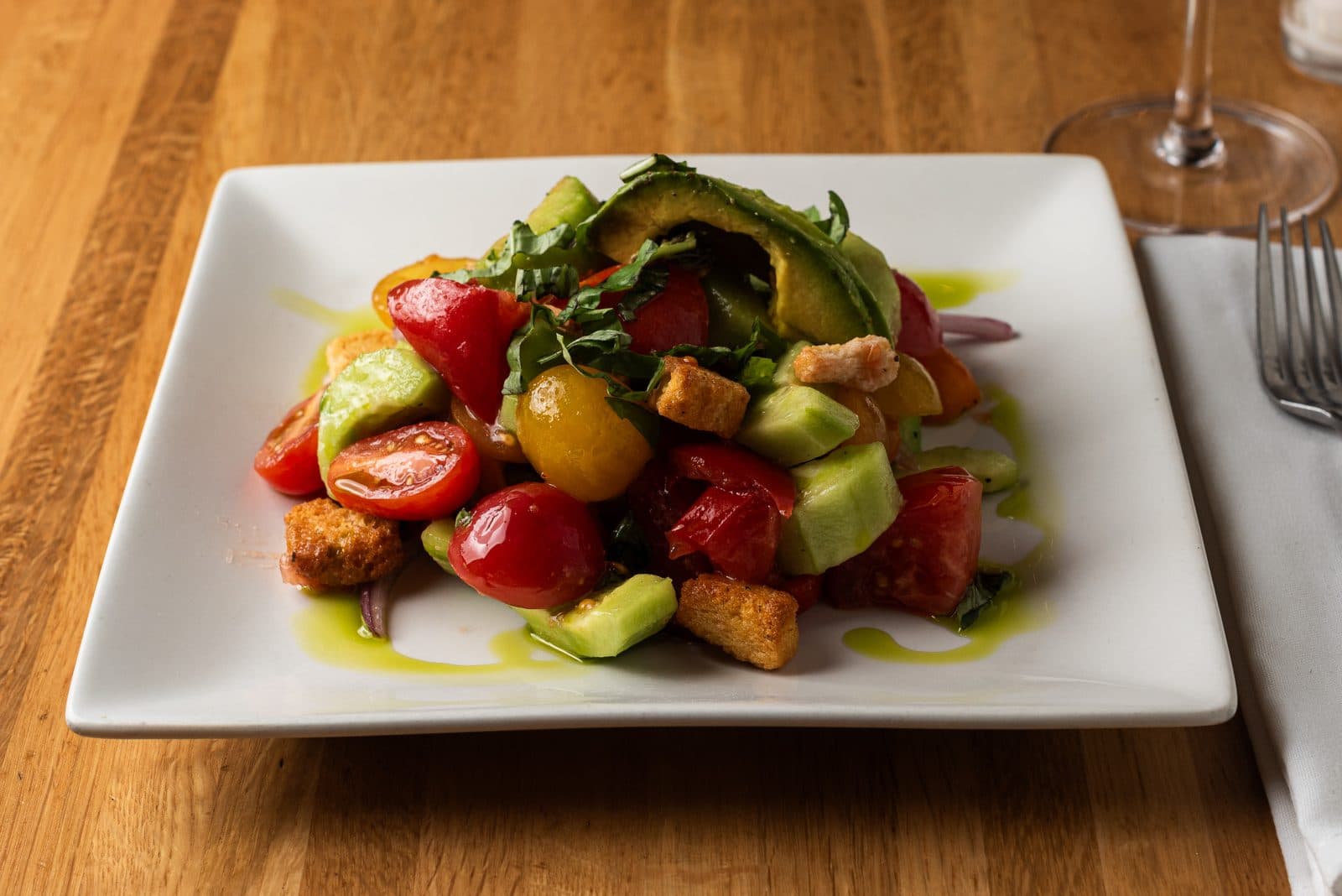 Colorful salad plated at a restaurant
