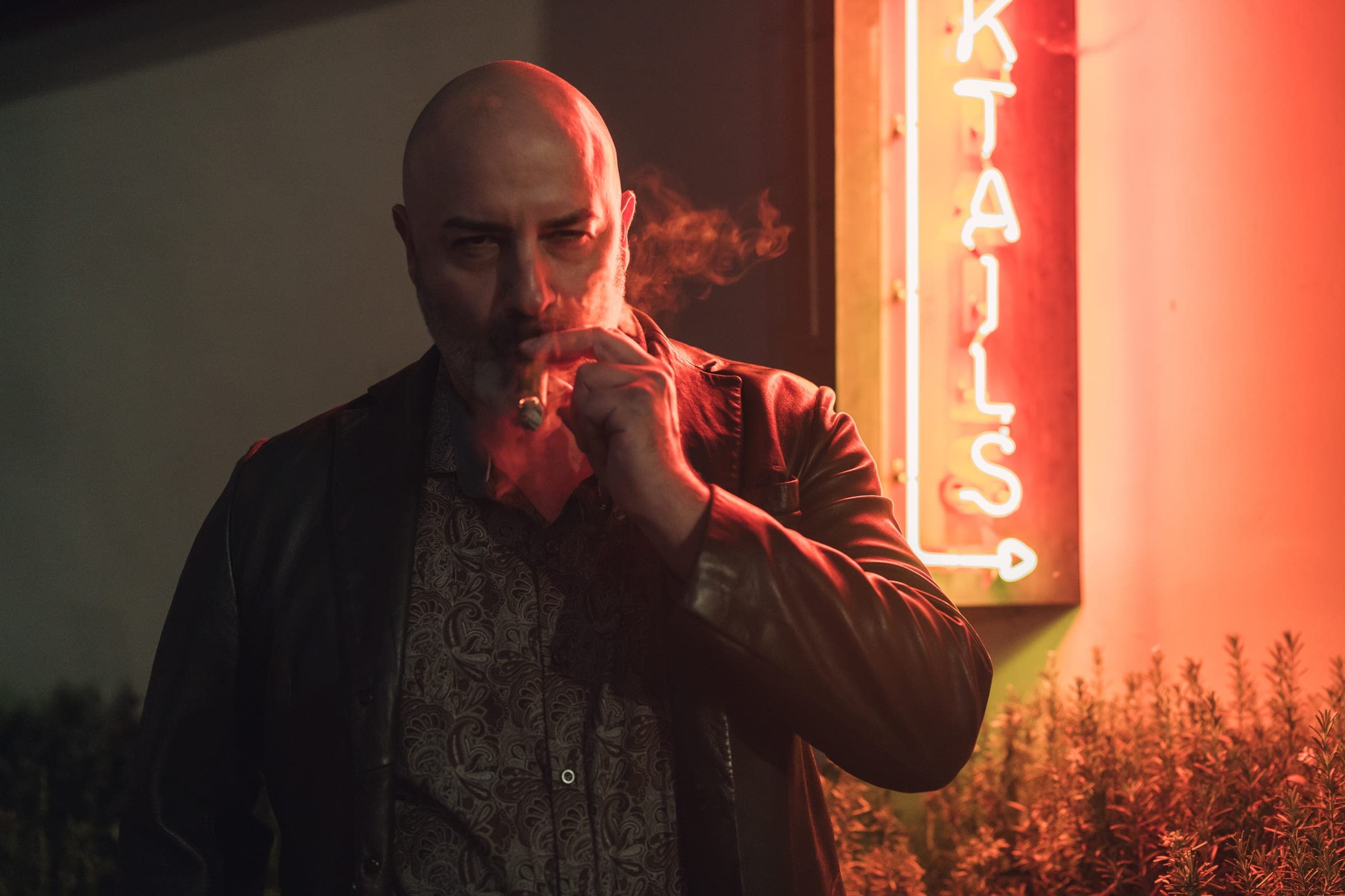 Editorial portrait of actor Dominic Pace at night